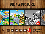 Výběr konkrétního obrázku a obtížnosti (3x3 až 7x7 dílků). Obrázky, které dítě složilo již předtím, jsou barevné.