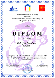 Diplom za 1. místo pro Kristýnu Šmídovou